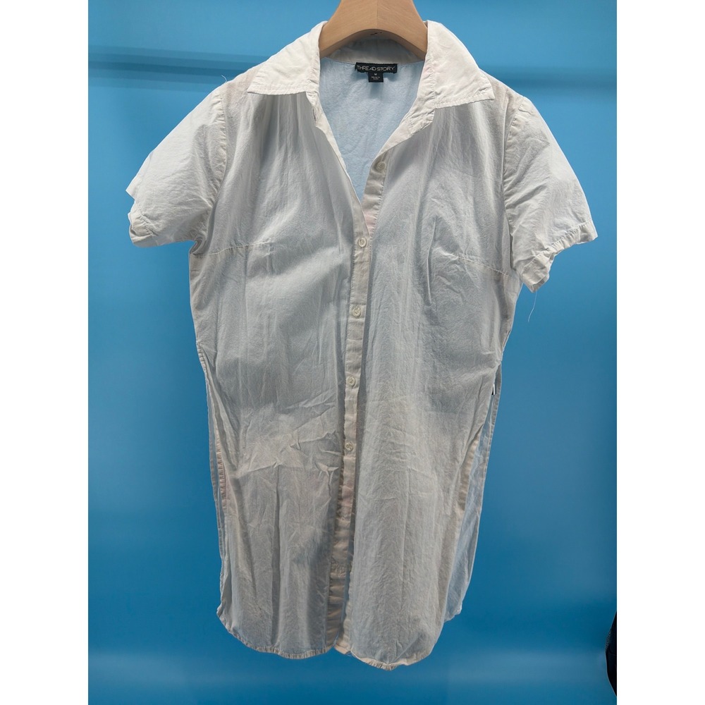 Thread Story Womens White Cotton Short Sleeve Button Down Tunic Top Size M
